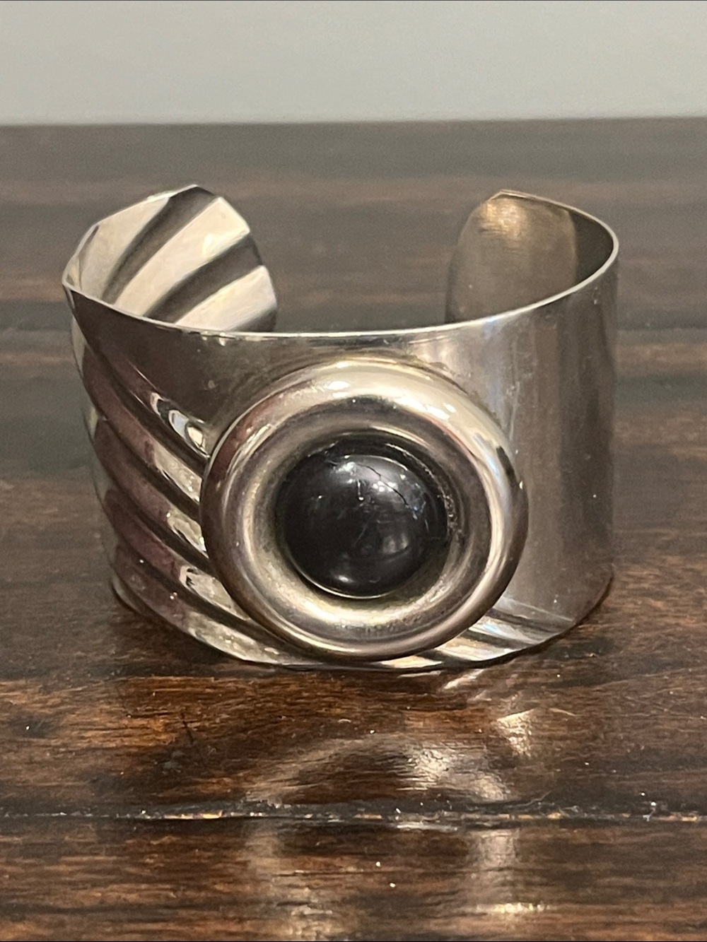 Silver Cuff Bracelet with Black Accent